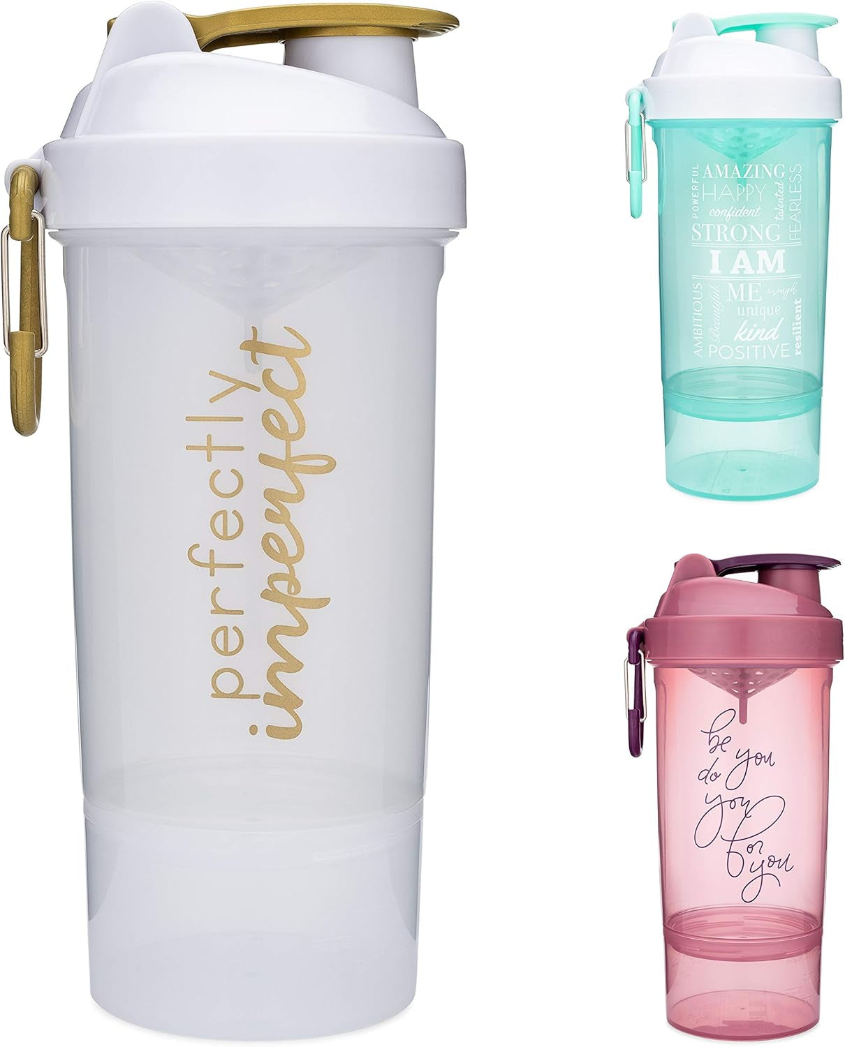 Smartshake Shaker Bottle with Motivational Quotes | 27 Ounce Protein Shaker Cup | Attachable Container Storage for Protein or Supplements | Perfect Fitness Gift | Perfectly Imperfect - White