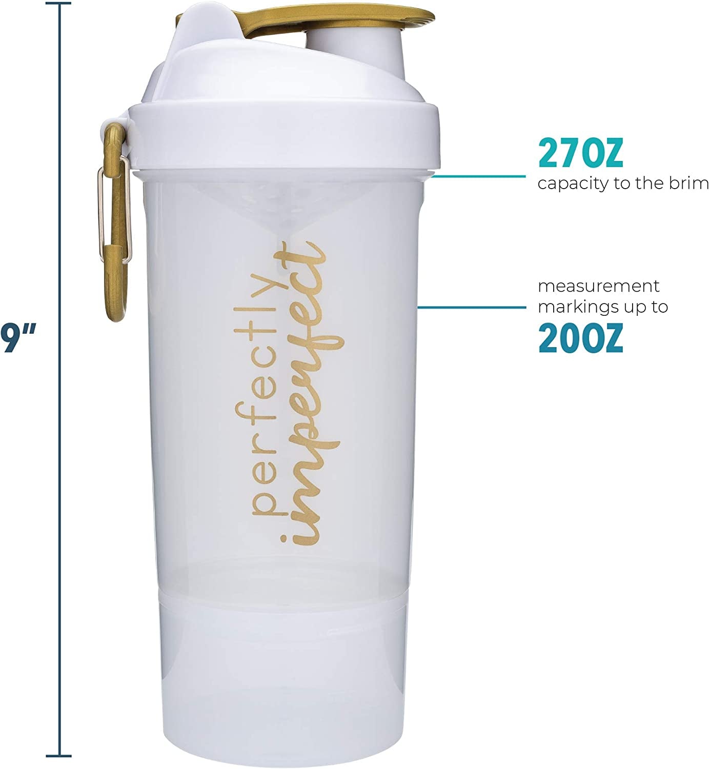 Smartshake Shaker Bottle with Motivational Quotes | 27 Ounce Protein Shaker Cup | Attachable Container Storage for Protein or Supplements | Perfect Fitness Gift | Perfectly Imperfect - White