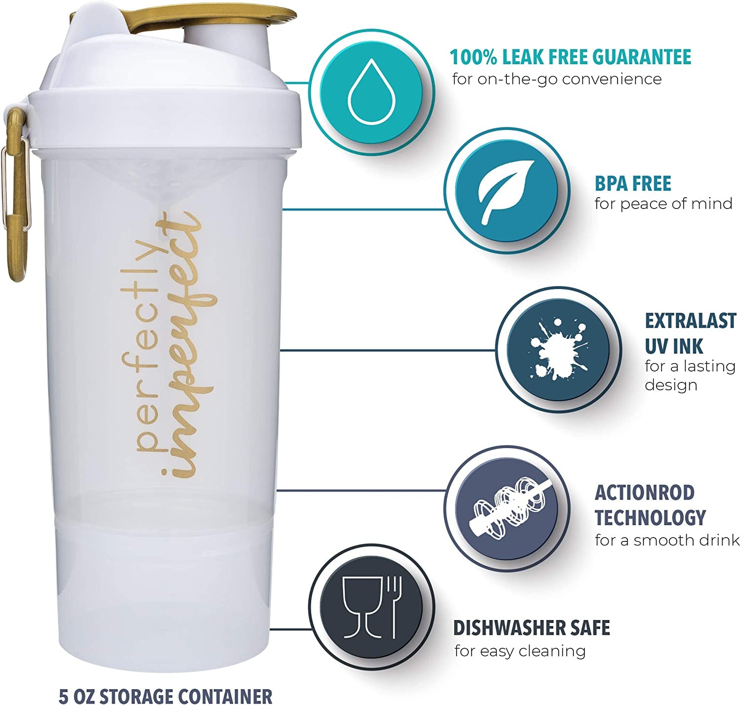 Smartshake Shaker Bottle with Motivational Quotes | 27 Ounce Protein Shaker Cup | Attachable Container Storage for Protein or Supplements | Perfect Fitness Gift | Perfectly Imperfect - White