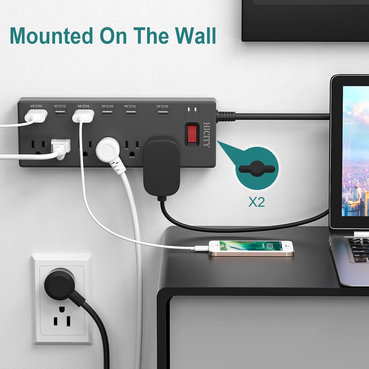 Power Strip,  Surge Protector with 6 AC Outlets and 6 USB Ports, Wall Mountable Flat Plug Extension Cord, 1625W/13A, Widely Spaced Outlet for Home, Office, Hotel (6Ft, Black)
